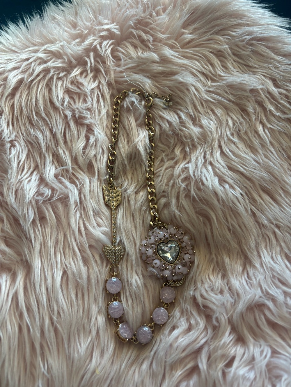 Betsey Johnson Gold-Tone Necklace with Pink Bead Accents and Heart Motif